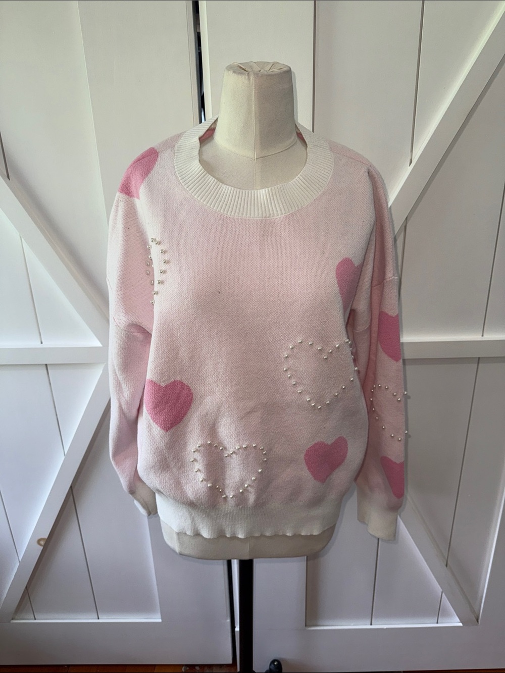 Nanette Lepore Pink Heart Pearl-Accent Crewneck Sweater